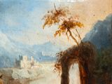 an image of a painting of a landscape with a river and a castle in the distance