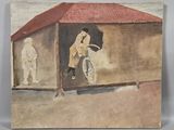 painting of a man riding a bicycle in front of a building