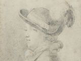 un vieux dessin d'une femme avec un chapeau sur la tête