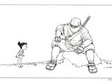 un dessin à l'encre représentant un homme assis sur un rocher à côté d'une petite fille