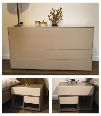 two pictures of a bedroom with a bed and a dresser