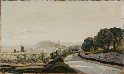 une image représentant un tableau où l'on voit une route avec des arbres et des collines en arrière-plan