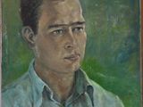 painting of a young man in a blue shirt in a wooden frame