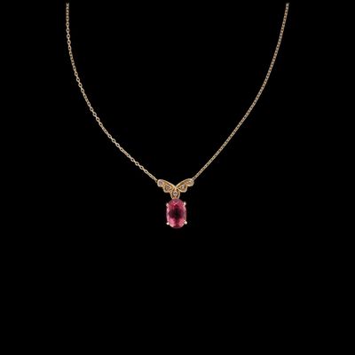 a pink tourmaline and diamond pendant on a gold chain