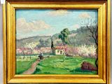 une peinture d'une maison au milieu d'un champ