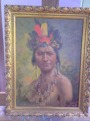 tableau représentant un homme coiffé d'une coiffe à plumes, dans un cadre doré