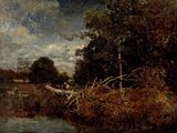 peinture représentant un tableau représentant un paysage avec une rivière au premier plan et des arbres au premier plan