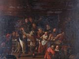 an oil painting of a group of people in a barn