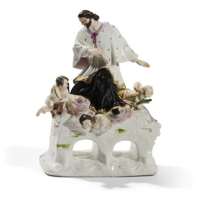 figurine représentant une femme assise sur un pont, entourée d'anges