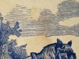 a drawing of a horse pulling a carriage with a man on it