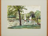 painting of sailboats on a lake with trees in the foreground