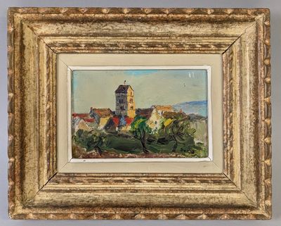 an image of a painting of a church on a hill