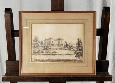 une vieille photo représentant un dessin d'une maison posé sur un chevalet