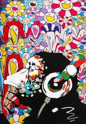 tableau représentant une femme coiffée d'une coiffe fleurie, entourée de fleurs colorées