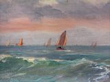 painting of sailboats in the ocean at sunset on a cloudy day