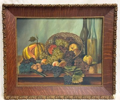 une peinture représentant une corbeille de fruits sur une table