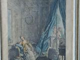 an old picture of a woman sitting in a bed in a room