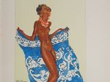 painting of a woman sitting on a blue and white towel