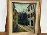peinture à l'huile d'une scène de rue avec des bâtiments en arrière-plan