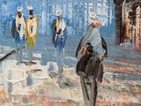 painting of a group of people walking down a street in the rain