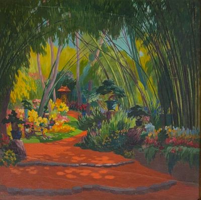 une peinture à l'huile représentant un sentier traversant un jardin parsemé d'arbres et de fleurs