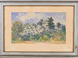 painting of a landscape with trees and bushes in a silver frame