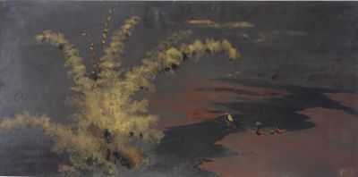un tableau représentant un arbre dans un vase posé sur une table