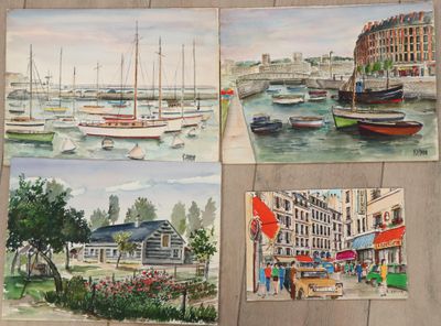 Plusieurs tableaux représentant des bateaux sont accrochés au mur d'un immeuble.