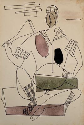 une image représentant un dessin d'un homme assis sur une table