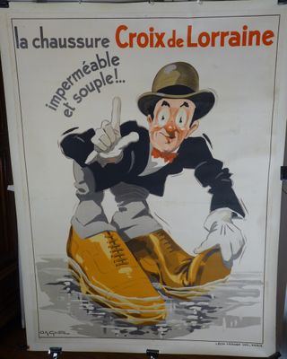 une affiche représentant un homme portant un chapeau et une paire de chaussures jaunes