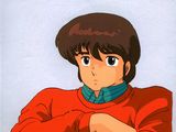 an anime picture of a young boy with a scarf on