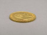 a gold coin that is sitting on a white surface