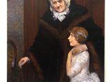 tableau représentant une vieille femme et une jeune fille debout devant le portrait d'un homme