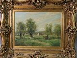 tableau représentant un paysage avec des vaches dans un pâturage près d'un arbre