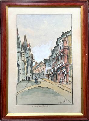 peinture d'une scène de rue avec des bâtiments et une personne marchant dans la rue