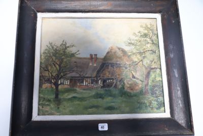 tableau représentant une scène de campagne avec une maison et des arbres au premier plan