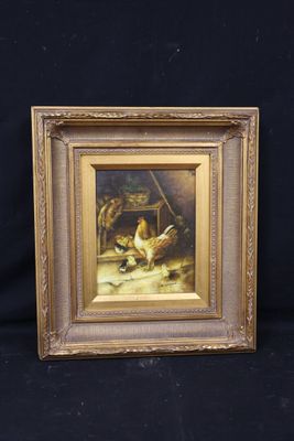 an old picture of chickens in a barn on a black background