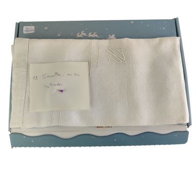 une boîte ouverte contenant une serviette blanche et un mot posé dessus
