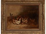 an image of a painting of chickens and chickens in a barn