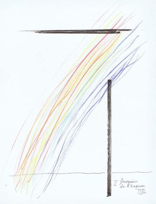 dessin représentant une croix d’où partent des lignes colorées formant un arc-en-ciel