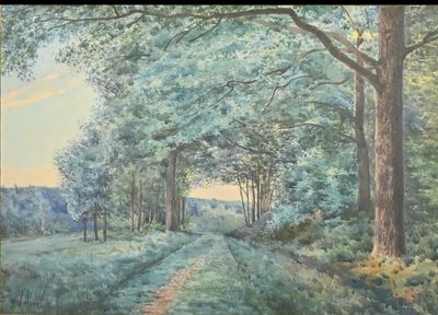 un tableau représentant un sentier au milieu d'une forêt