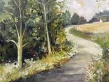 un tableau représentant une route de campagne au milieu d'un champ