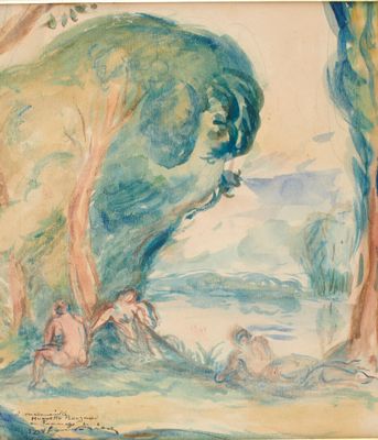 une image représentant une aquarelle d'un homme et d'un chien dans un environnement boisé