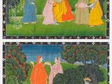quatre tableaux représentant des femmes en robes colorées dans un parc