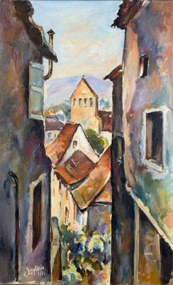 an oil painting of a street scene with buildings and a potted plant