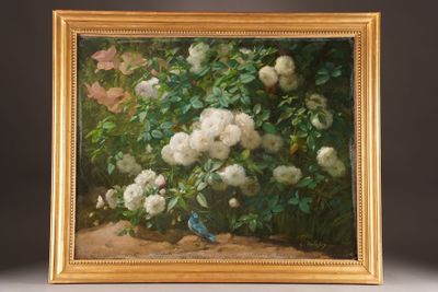 painting of white roses and a blue bird in a gold frame