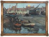une peinture à l'huile représentant des bateaux dans un port avec des bâtiments à l'arrière-plan