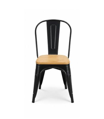 a black metal chair with a wooden seat