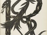 an image of a black and white drawing of a dragon and a letter r