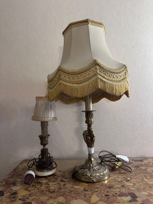 a table with a lamp and a lamp shade on it